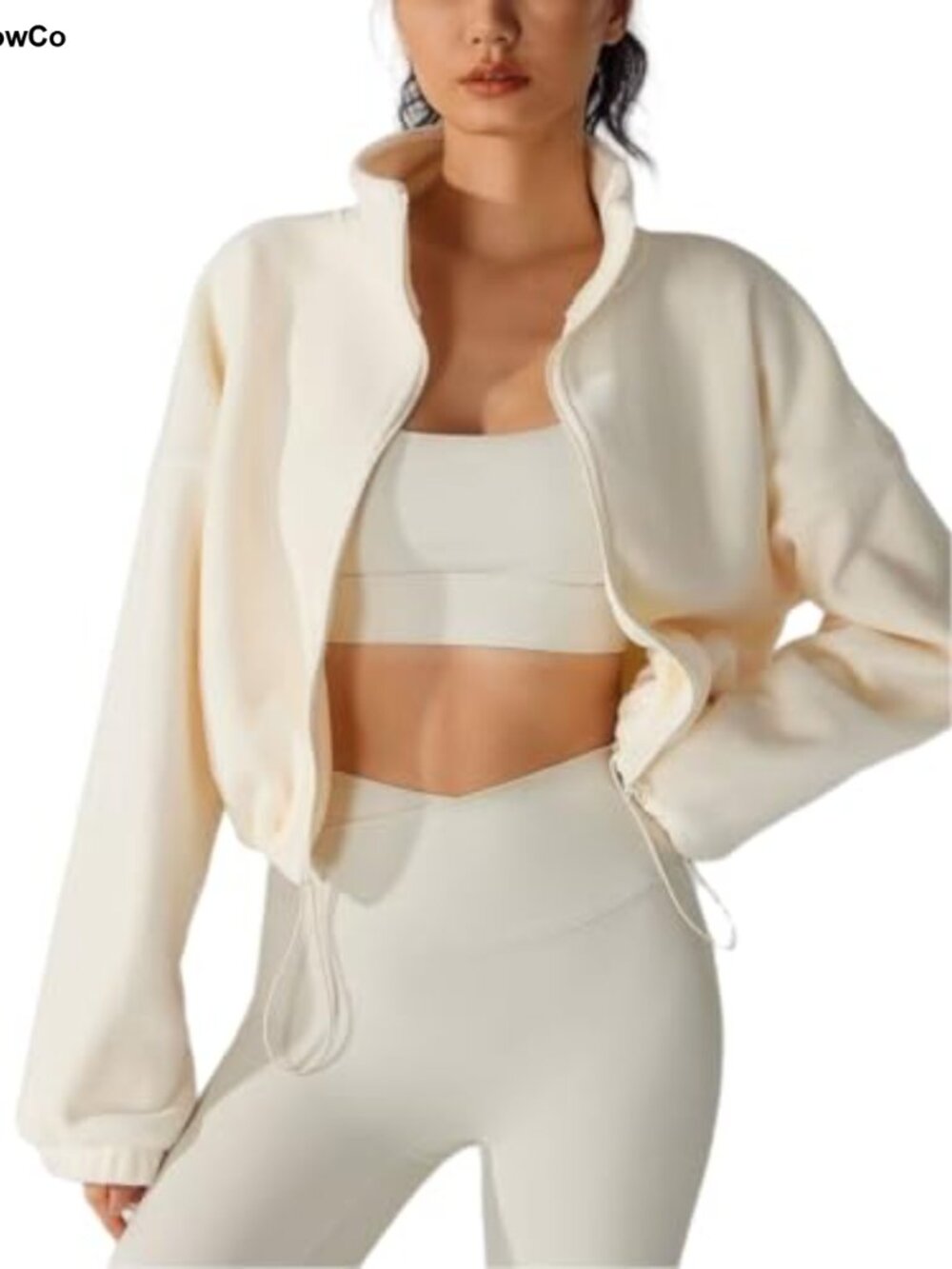 Womens Fleece Cropped Jacket Full Zip Sherpa Collar Athletic